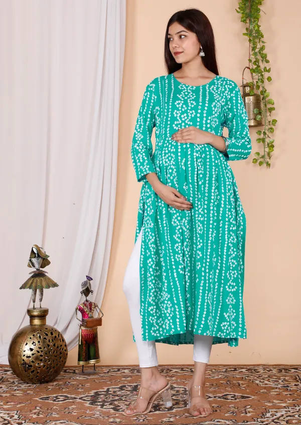 Maternity_Wear_Turquoise_bandhej_Printed_Anarkali_Side_Slit/_Nyra_Cut_Kurta_with_conceled_Zip_on_both_side