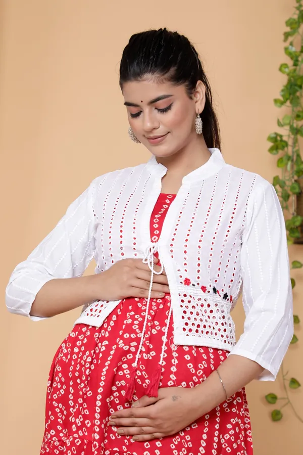 Maternity_Wear_Red_Bandhej_Printed_AnarkaliAnarkali_Kurta/Gown_With_Schiffli_Jacket