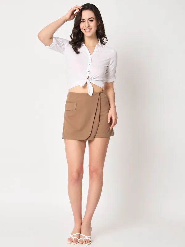 Zastraa_Coffee_Brown_Cross_Over_Mini_Scuba_Skorts_With_Flap