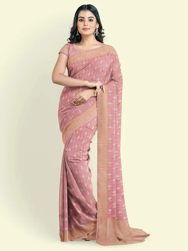 Peach_Cotton_Blend_Banarasi_Sarees_For_Women