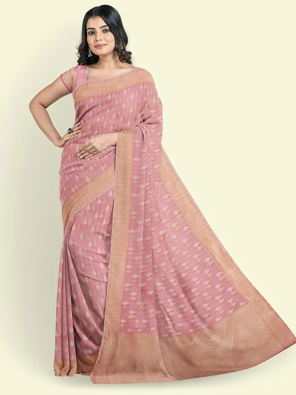 Peach_Cotton_Blend_Banarasi_Sarees_For_Women