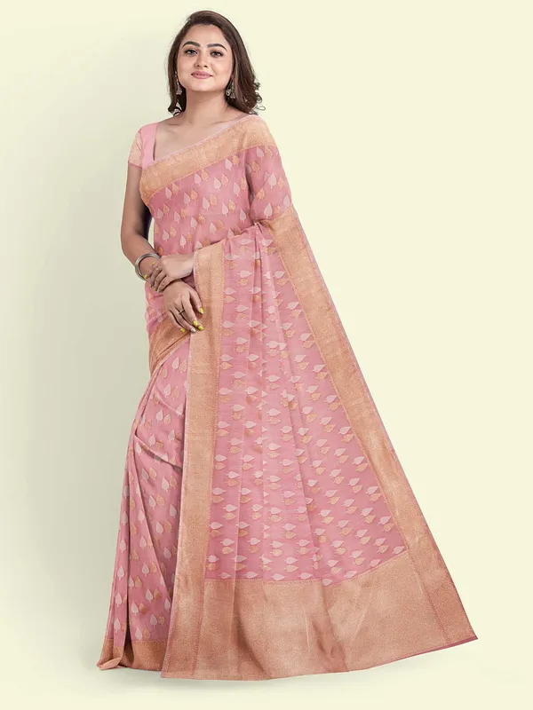 Peach_Cotton_Blend_Banarasi_Sarees_For_Women