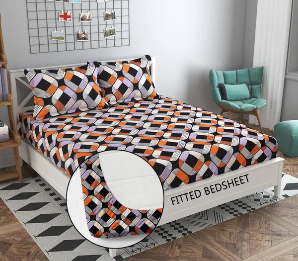 220TC_Elastic_Fitted_100%_Cotton_Feel_Printed_King_Size_Double_Bed_Bedsheet_with_2_Pillow_Cover_(72"x78"_Upto_6"_Mattress)_Checks