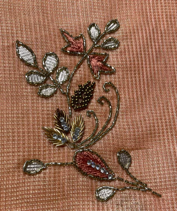 Humairah_Presents_Peach_Supernet_Banarasi_Tissue_Embroidery_Zari_Floral_Booti_Golden_Zari_Border_with_Peach_Blouse_Banarasi_Saree