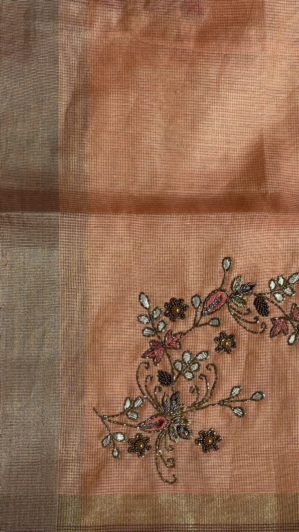 Humairah_Presents_Peach_Supernet_Banarasi_Tissue_Embroidery_Zari_Floral_Booti_Golden_Zari_Border_with_Peach_Blouse_Banarasi_Saree