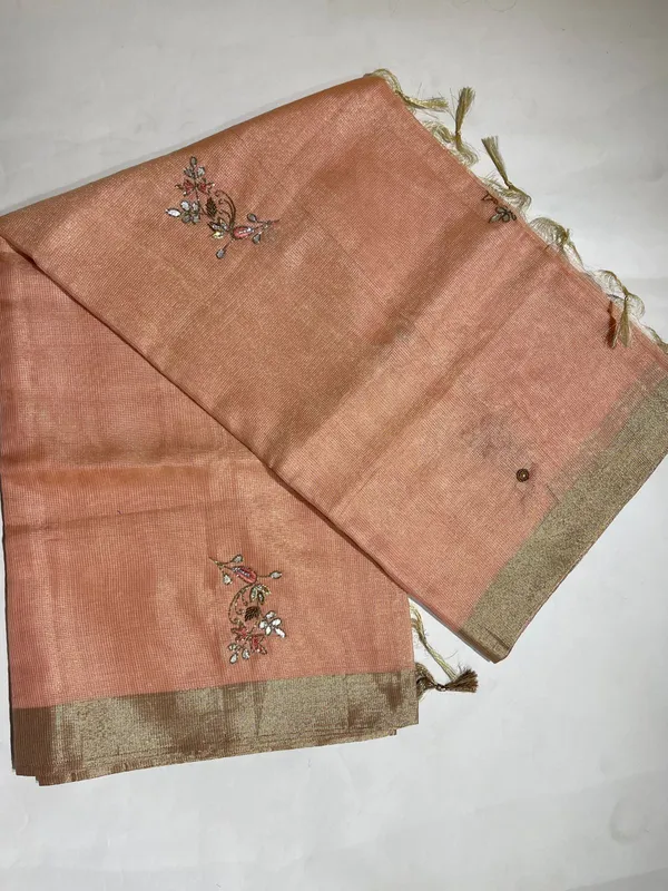 Humairah_Presents_Peach_Supernet_Banarasi_Tissue_Embroidery_Zari_Floral_Booti_Golden_Zari_Border_with_Peach_Blouse_Banarasi_Saree