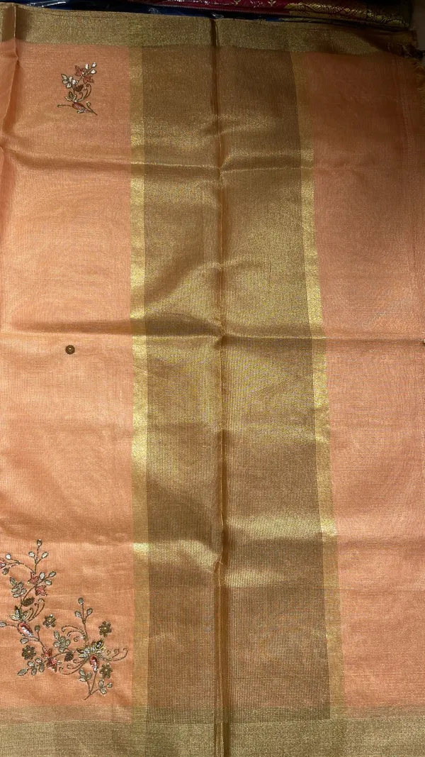 Humairah_Presents_Peach_Supernet_Banarasi_Tissue_Embroidery_Zari_Floral_Booti_Golden_Zari_Border_with_Peach_Blouse_Banarasi_Saree