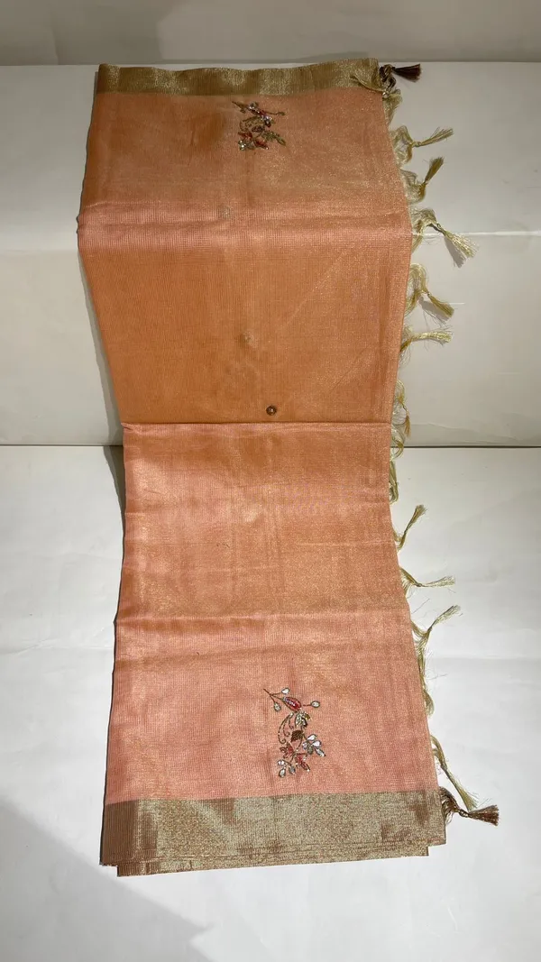 Humairah_Presents_Peach_Supernet_Banarasi_Tissue_Embroidery_Zari_Floral_Booti_Golden_Zari_Border_with_Peach_Blouse_Banarasi_Saree
