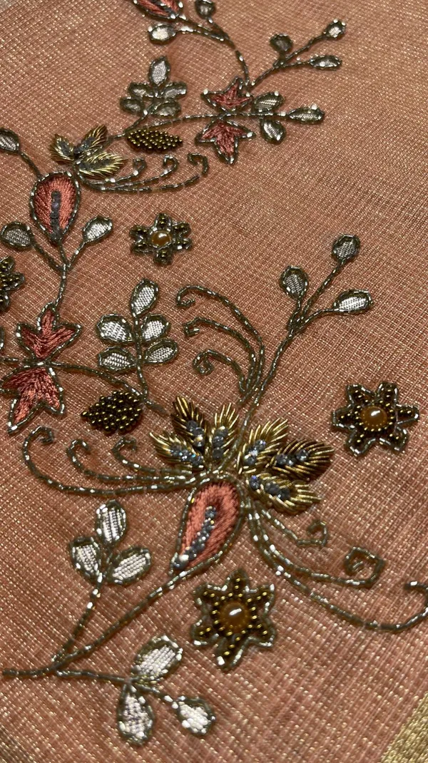 Humairah_Presents_Peach_Supernet_Banarasi_Tissue_Embroidery_Zari_Floral_Booti_Golden_Zari_Border_with_Peach_Blouse_Banarasi_Saree
