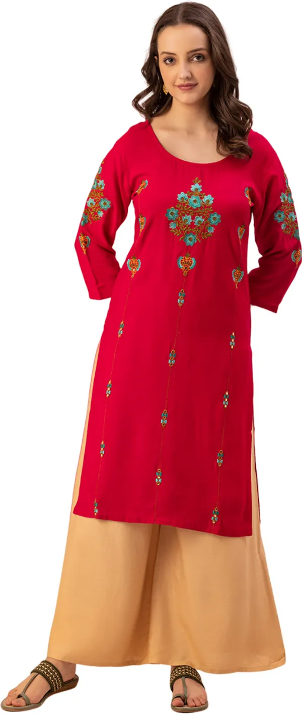 Magenta_Rayon_Slub_Women_Kurta,_Allover_Floral_Emroidery_&_Mirror_Work