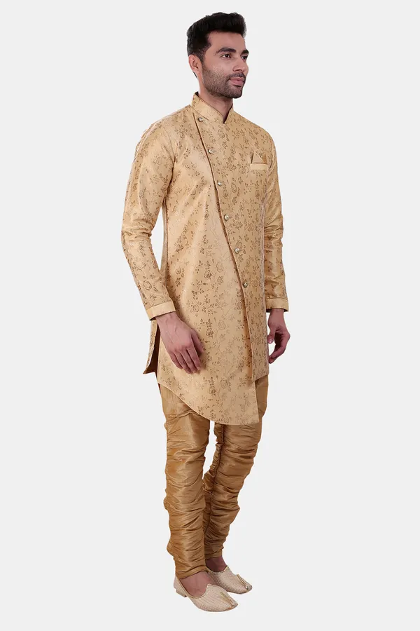 Floral_Print_Gold_Jacquard_Sherwani_With_Heram_Pant