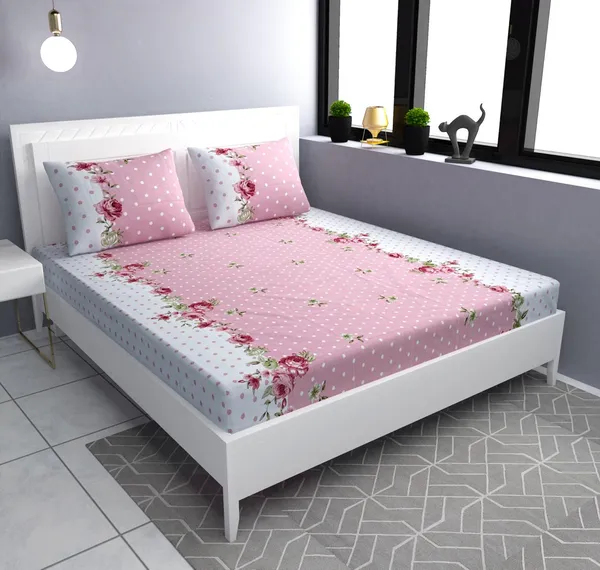 PINK_DOTTED_Premium_Fitted_Elastic_Bedsheet_with_Two_Pillow_Covers_(72X78X_Up_to_10_Inches)_&_360_Degree_Elasticated