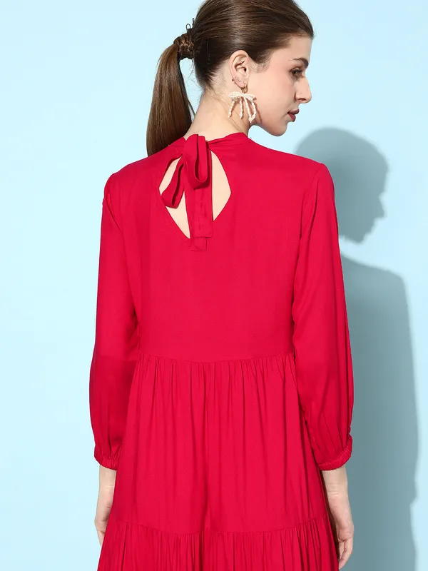 Women_Red_Rayon_Fit_and_Flare_Tie_Up_Neck_Gathered_Dress