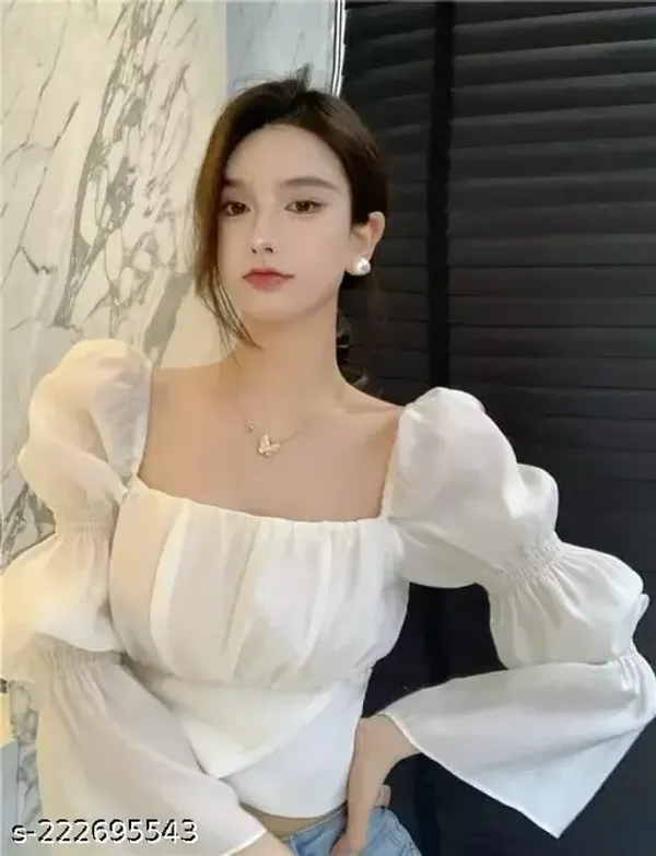 White_Crape_Premium_Solid_Casual_Top_For_Women