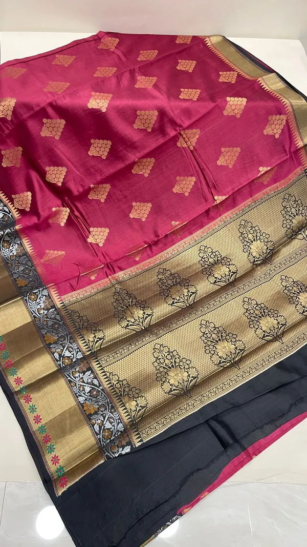 Humairah_Pure_Handloom_Magenta_Chiniya_Silk_Golden_Floral_Zari_Booti_Contrast_Black_Skirt_Silver_Mina_Zari_Border_Golden_and_Floral_Boota_Pallu_with_Black_Blouse
