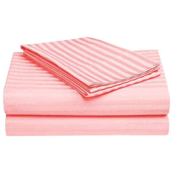 220TC_Cotton_Satin_Glace_Stripes/Lining_Flat_Bedsheet_for_Double_Bed_with_Two_Pillow_Covers_for_Home,_Hotels,_Guest_House_(King_Size)_-_90x100_Inches_-_PINK
