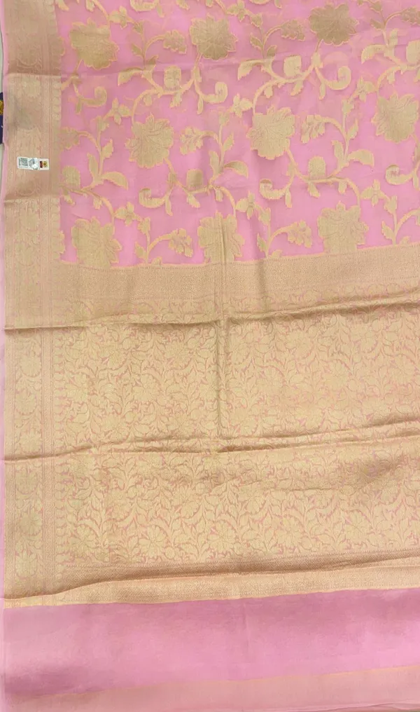 Humairah_Presents_Pure_Handloom_Baby_Pink_Chiffon_Floral_Golden_Zari_Boota_Jaal_with_Banarasi_Zari_Border_and_Baby_Pink_Blouse