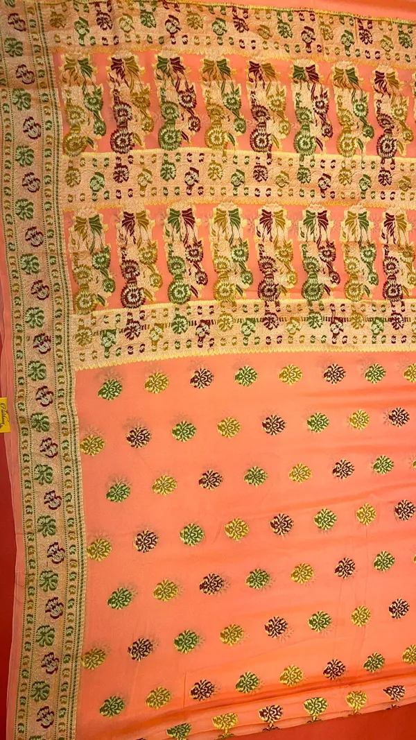 Humairah_Pure_Handwoven_Orange_Chiffon_Resham_Mina_Zari_Booti_with_Resham_Golden_Zari_Kadiyal_Banarasi_Mina_Border_with_Orange_Blouse