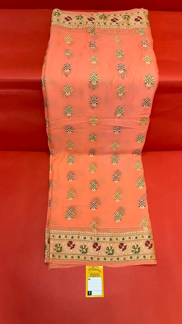 Humairah_Pure_Handwoven_Orange_Chiffon_Resham_Mina_Zari_Booti_with_Resham_Golden_Zari_Kadiyal_Banarasi_Mina_Border_with_Orange_Blouse
