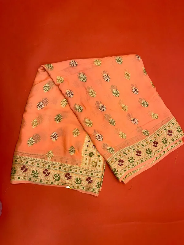 Humairah_Pure_Handwoven_Orange_Chiffon_Resham_Mina_Zari_Booti_with_Resham_Golden_Zari_Kadiyal_Banarasi_Mina_Border_with_Orange_Blouse