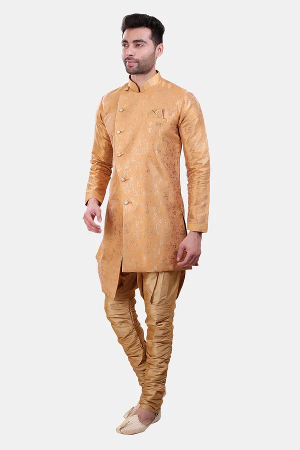 Floral_Print_Yellow_Jacquard_Sherwani_With_Heram_Pant