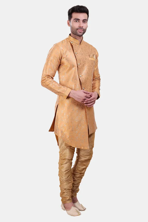Floral_Print_Yellow_Jacquard_Sherwani_With_Heram_Pant
