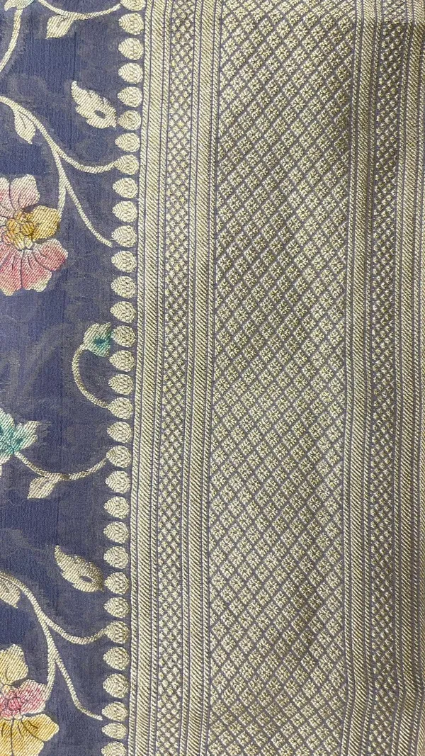 Humairah_Pure_Handwoven_Grey_Khaddi_Georgette_Hand_Brush_Floral_Zari_Jaal_Banarasi_Zari_Border_Saree_with_Grey_Blouse_piece