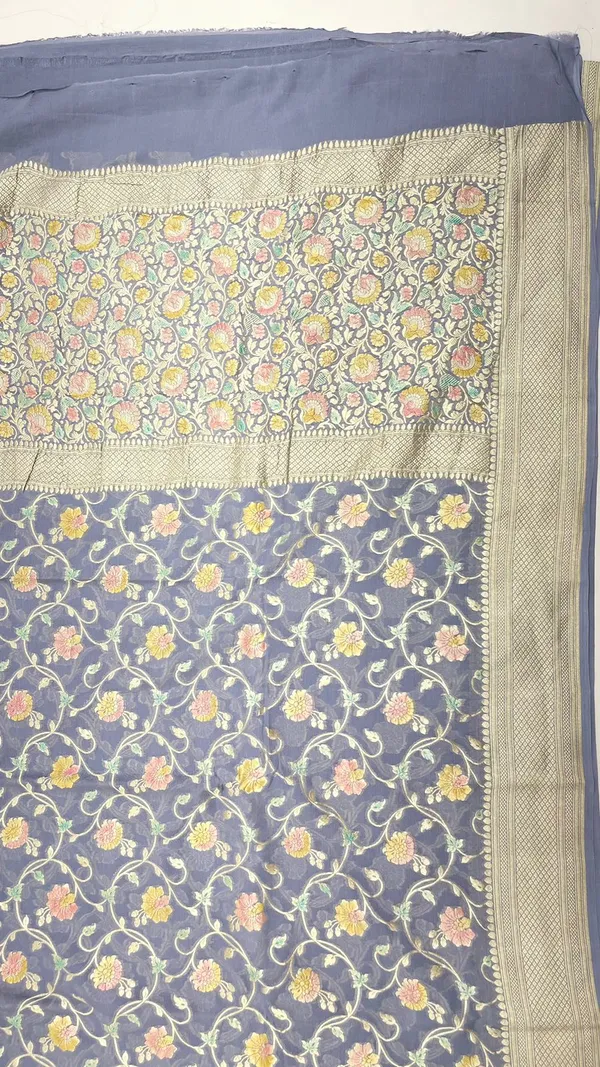 Humairah_Pure_Handwoven_Grey_Khaddi_Georgette_Hand_Brush_Floral_Zari_Jaal_Banarasi_Zari_Border_Saree_with_Grey_Blouse_piece