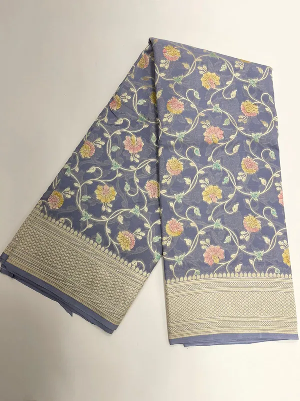 Humairah_Pure_Handwoven_Grey_Khaddi_Georgette_Hand_Brush_Floral_Zari_Jaal_Banarasi_Zari_Border_Saree_with_Grey_Blouse_piece