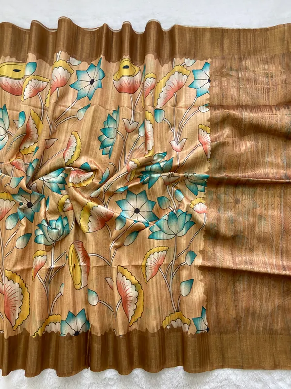 Darika_Mehendi_Green_–_Navratri_Special_|_Soft_Tussar_Silk_Saree_with_Print,_Pallu_&_Zari_Border_&_Contrast_Print_Blouse_with_Tassels