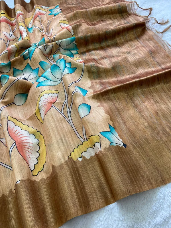 Darika_Mehendi_Green_–_Navratri_Special_|_Soft_Tussar_Silk_Saree_with_Print,_Pallu_&_Zari_Border_&_Contrast_Print_Blouse_with_Tassels