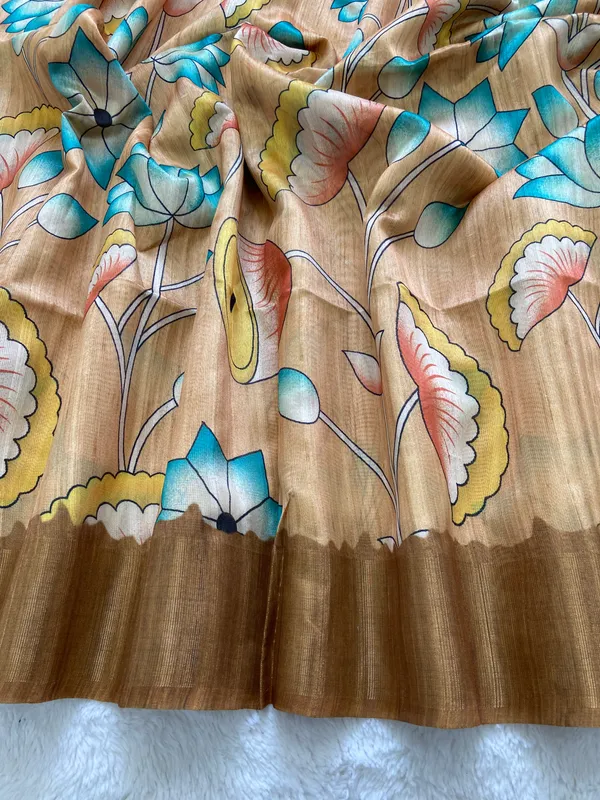 Darika_Mehendi_Green_–_Navratri_Special_|_Soft_Tussar_Silk_Saree_with_Print,_Pallu_&_Zari_Border_&_Contrast_Print_Blouse_with_Tassels