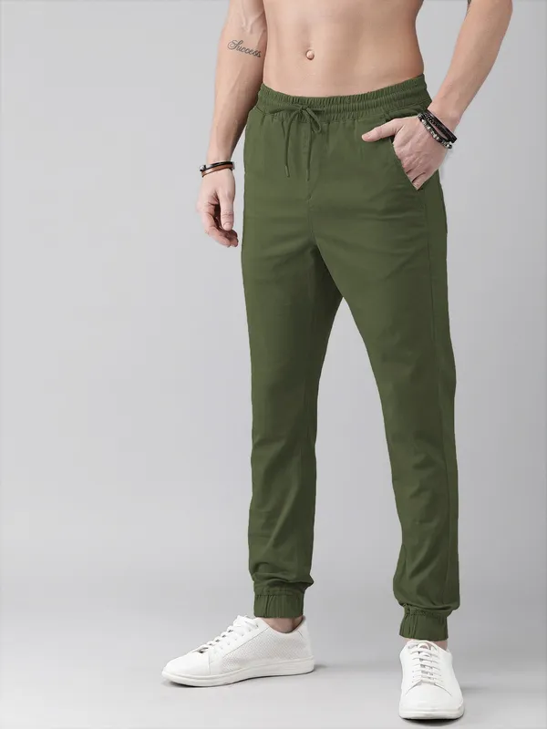 Olive_Green_Cotton_Blend_Solid_Mens _slim_fit_Joggers