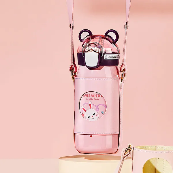 Brown_Dance_With_Me_Anti-Leak_Cartoon_Print_Steel_Water_Bottle_With_Sling_Strap_For_Kids_-_530Ml