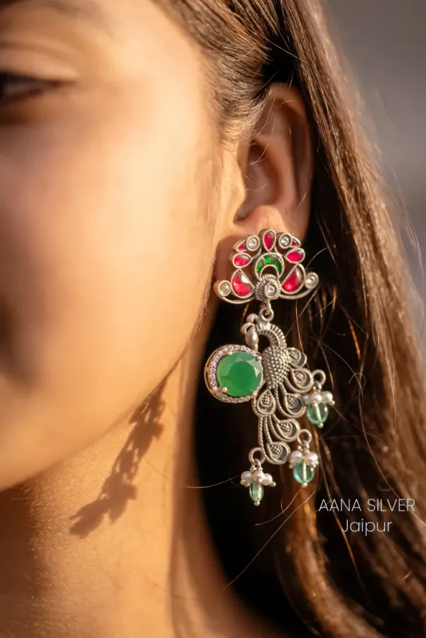 925_Pure_Sterling_Silver_|_Peacock_Kundan_Earrings_|_Well_Stamped_&_Hallmarked