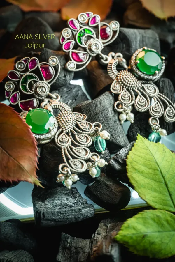 925_Pure_Sterling_Silver_|_Peacock_Kundan_Earrings_|_Well_Stamped_&_Hallmarked