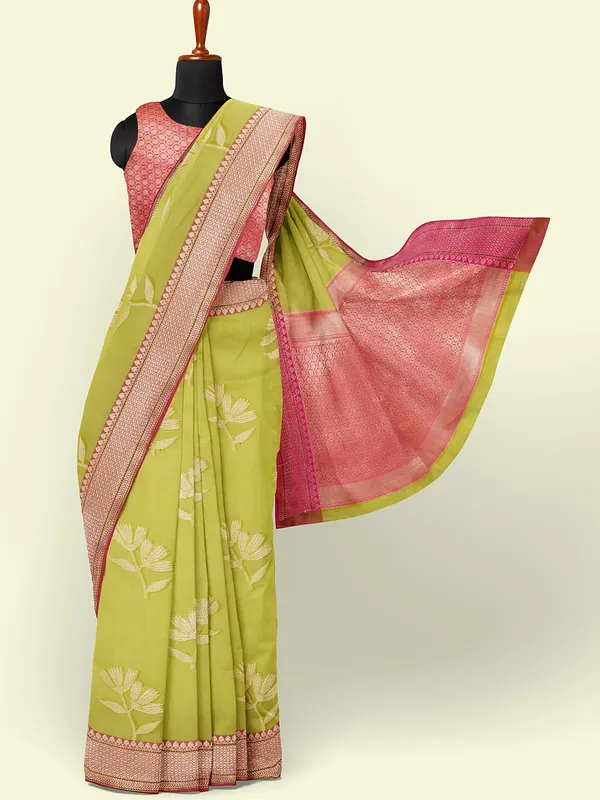 Green_Cotton_Blend_Banarasi_Sarees_For_Women