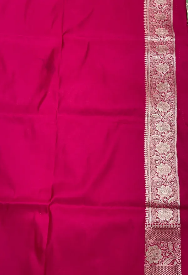 Humairah_Presents_Pista_Green_Satin_Silk_Floral_Zari_Booti_with_Contrast_Magenta_2D_Silver_Zari_Border_with_Magenta_Blouse