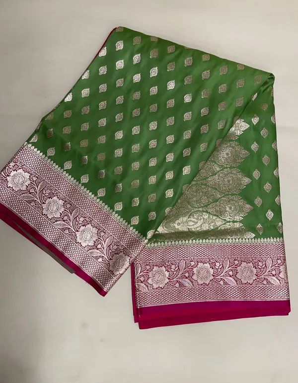 Humairah_Presents_Pista_Green_Satin_Silk_Floral_Zari_Booti_with_Contrast_Magenta_2D_Silver_Zari_Border_with_Magenta_Blouse