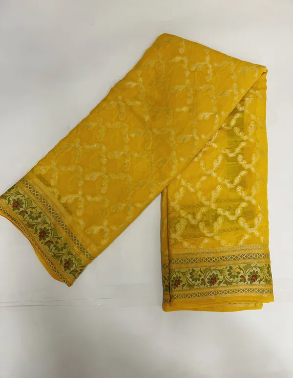 Humairah_Presents_Pure_Handloom_Yellow_Chiffon_Gold_Zari_Jaal_with_Floral_Mina_Jaal_Anchal_and_Tilfi_Zari_Border_with_Yellow_Blouse