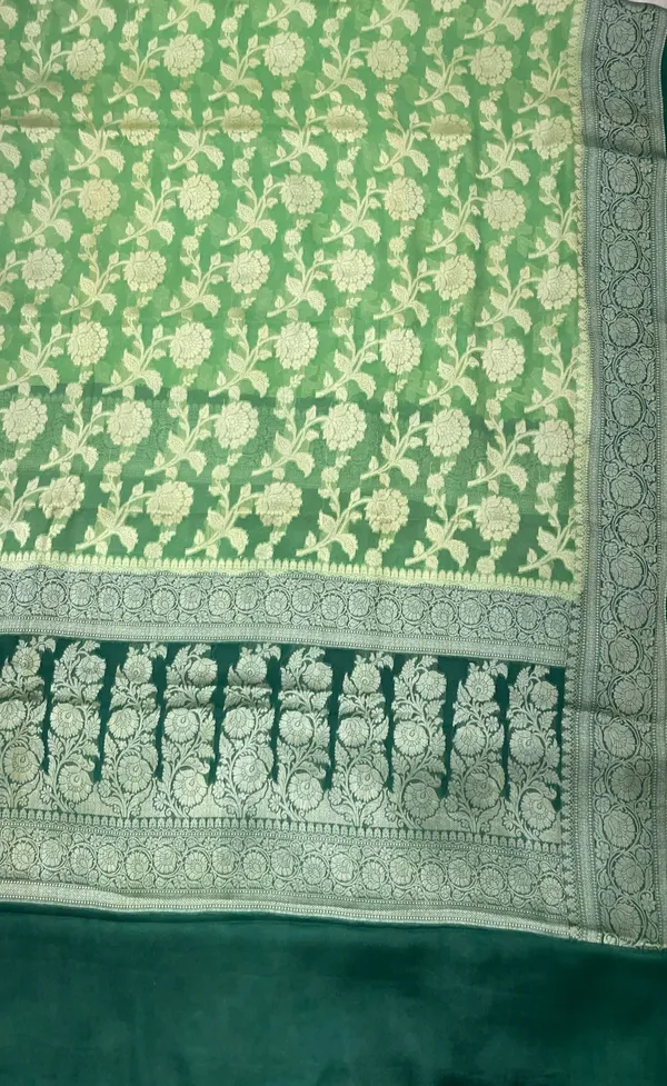 Humairah_Presents_Pure_Handloom_Pista_Green_Chiffon_Floral_Zari_Jaal_Contrast_Dark_Green_Zari_Border_and_Big_Boota_Pallu_with_Dark_Green_Blouse