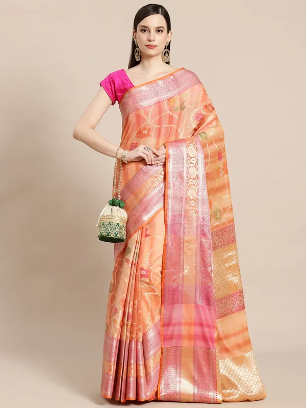 Peach_Matka_Silk/Silk_Blend_Banarasi_Sarees_For_Women