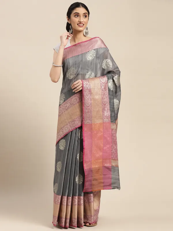 Grey_Matka_Silk/Silk_Blend_Banarasi_Sarees_For_Women