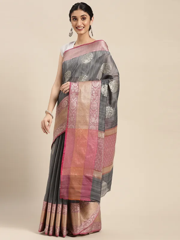 Grey_Matka_Silk/Silk_Blend_Banarasi_Sarees_For_Women