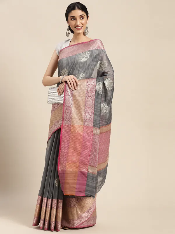 Grey_Matka_Silk/Silk_Blend_Banarasi_Sarees_For_Women
