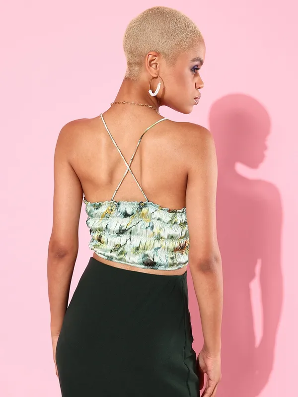 Dark_Green_&_Yellow_&_White_Cotton_Blend_Casual_Printed_Halter_Neck_Slim_Fit_Top_For_Women