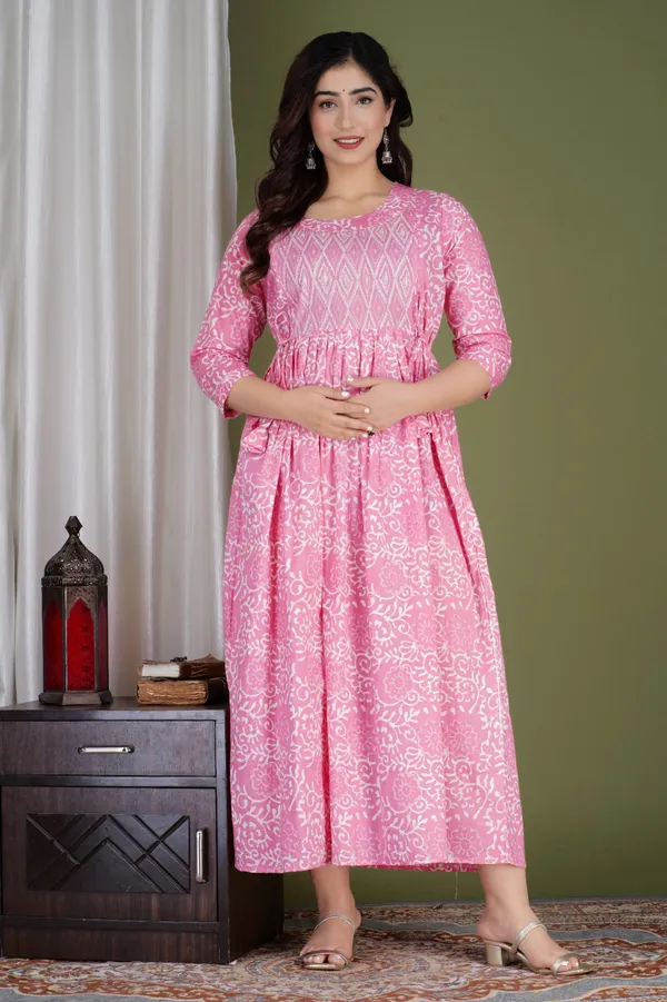 Sanganeri_Pink_Cotton_Maternity_Gown_With_Yog