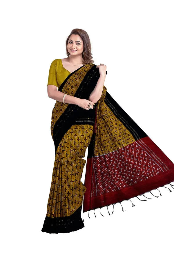 Grey_Printed_Cotton_Silk_Ikat_Saree_With_Blouse_For_Women