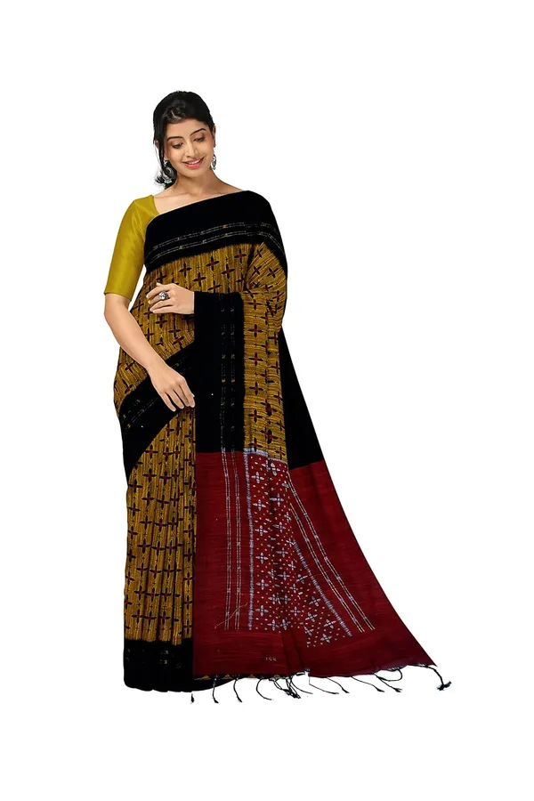 Grey_Printed_Cotton_Silk_Ikat_Saree_With_Blouse_For_Women