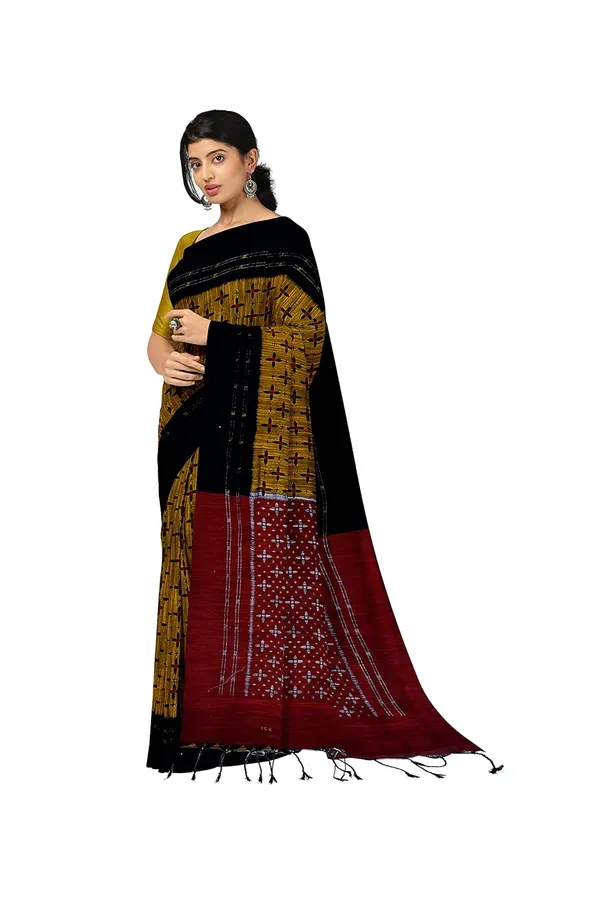 Grey_Printed_Cotton_Silk_Ikat_Saree_With_Blouse_For_Women